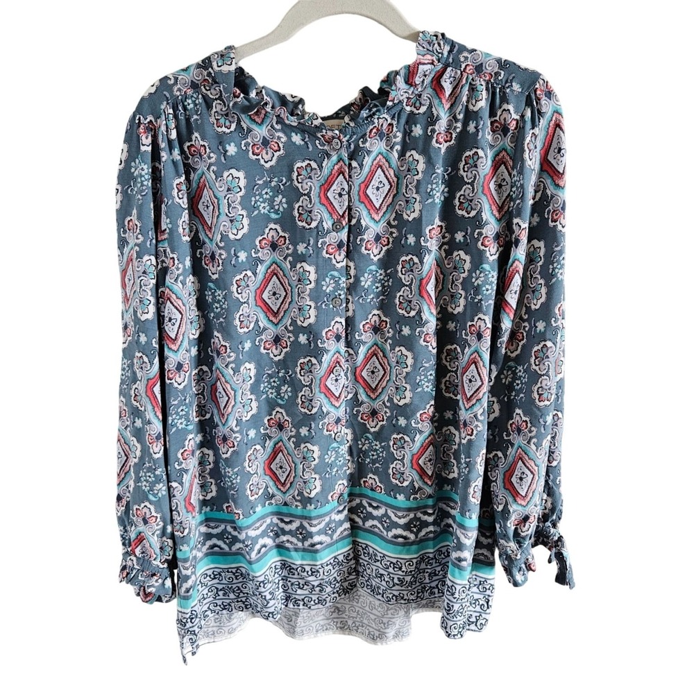 Loft Woman Size L Boho Cottage Core Tunic Blouse Long Sleeve Tie Wrist Ruffles